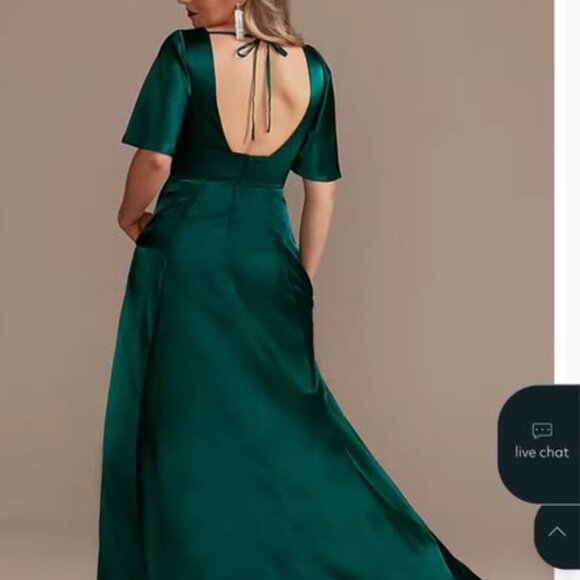 David’s Bridal Bridesmaid Dress - Gem (Emerald) Charmeuse Flutter Sleeve A-Line - Picture 2 of 9